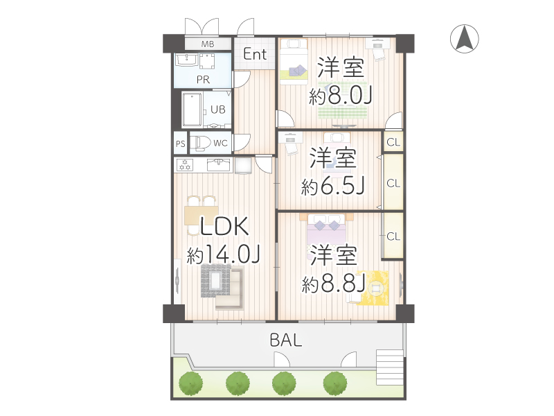 鴻池日光ハイツ（3LDK）中古マンションの間取り図