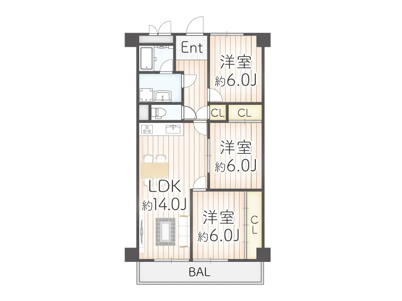 南海狭山コーポ2号棟411号室（3LDK）の間取り図